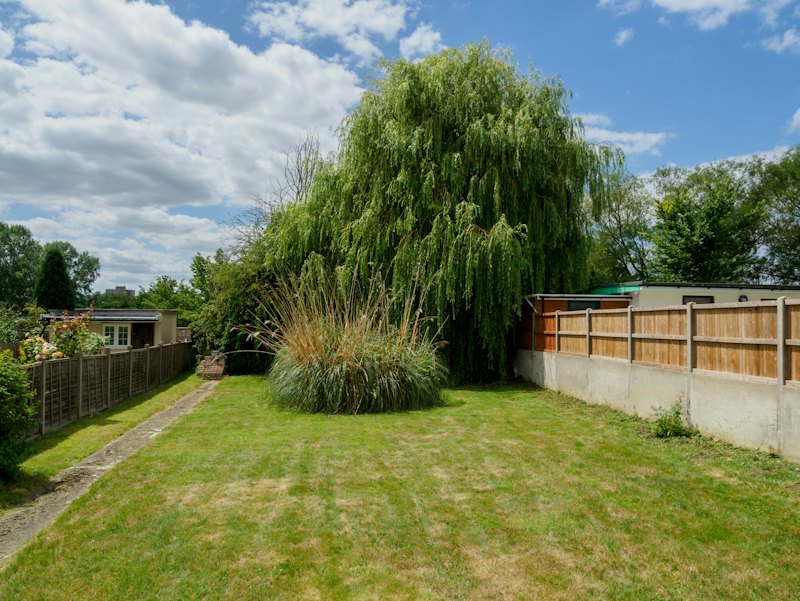 A tidy back lawn with a weeping willow and fence panels